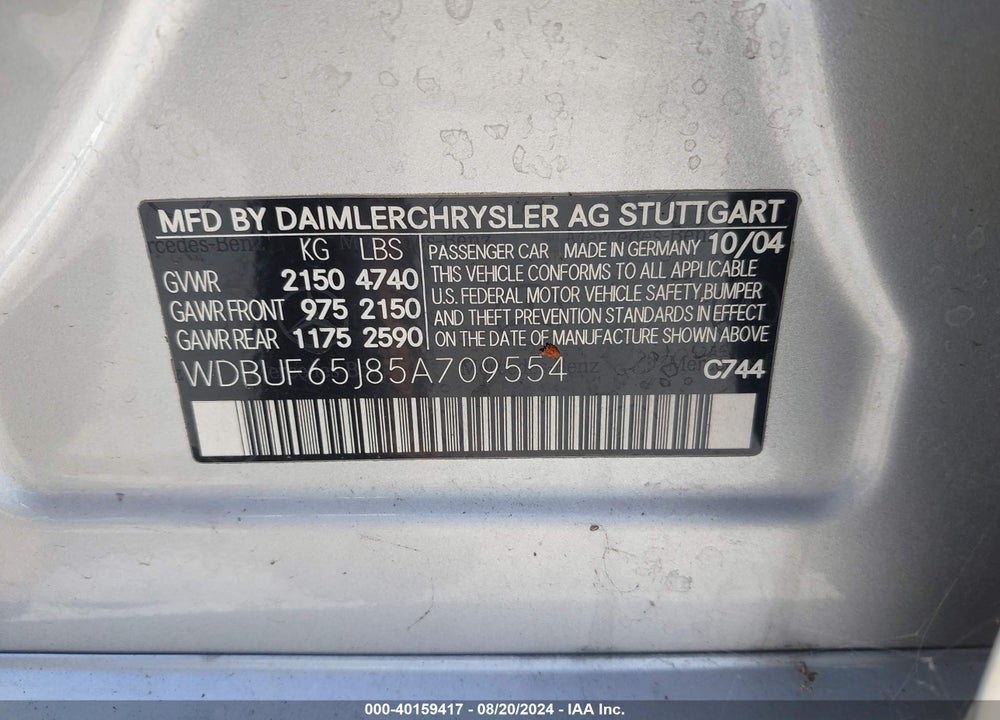 2005 MERCEDES-BENZ E 320 VIN: WDBUF65J85A709554