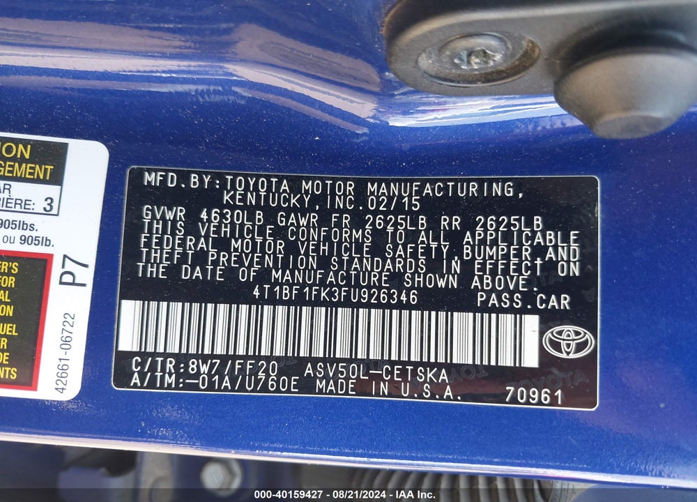 2015 TOYOTA CAMRY SE VIN: 4T1BF1FK3FU926346