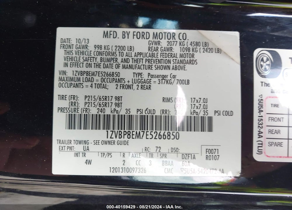 2014 FORD MUSTANG VIN: 1ZVBP8EM7E5266850