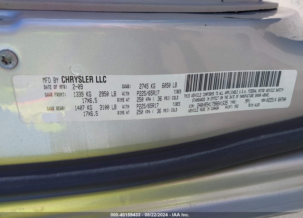 2009 CHRYSLER TOWN & COUNTRY TOURING VIN: 2A8HR54179R641635