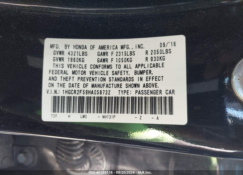 2017 HONDA ACCORD SPORT VIN: 1HGCR2F59HA058732
