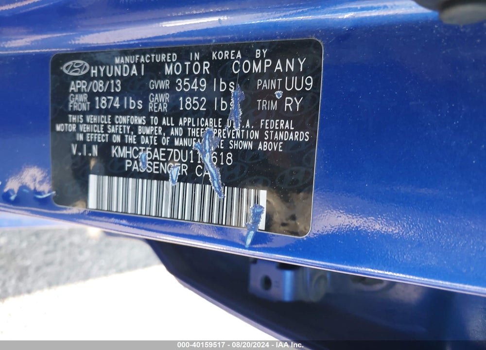 2013 HYUNDAI ACCENT GS VIN: KMHCT5AE7DU111618