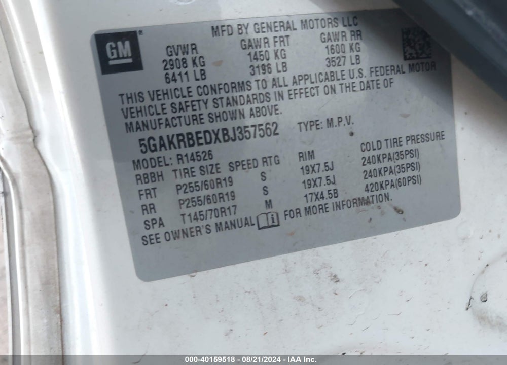 2011 BUICK ENCLAVE 1XL VIN: 5GAKRBEDXBJ357562