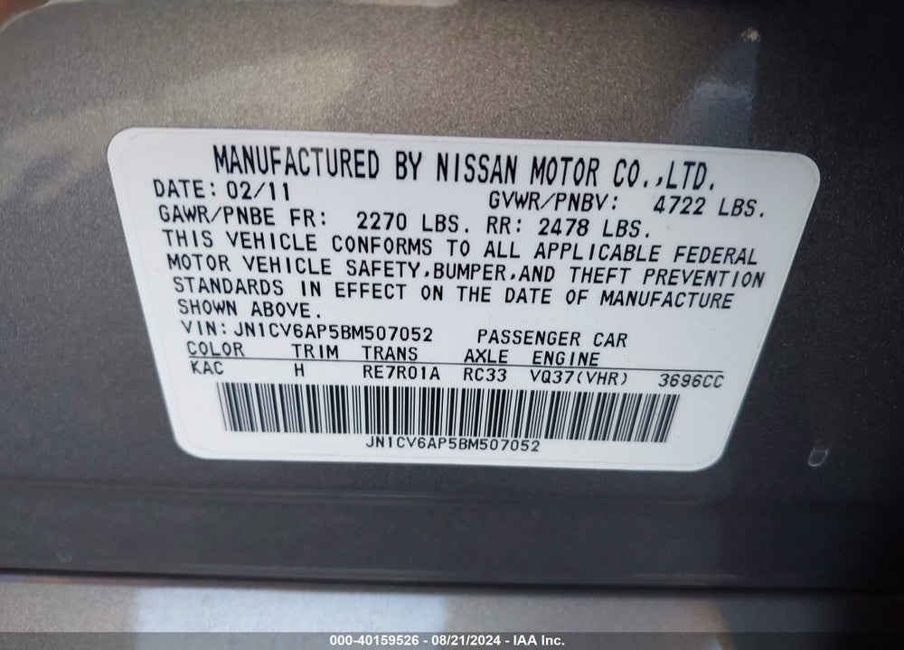 2011 INFINITI G37 JOURNEY VIN: JN1CV6AP5BM507052