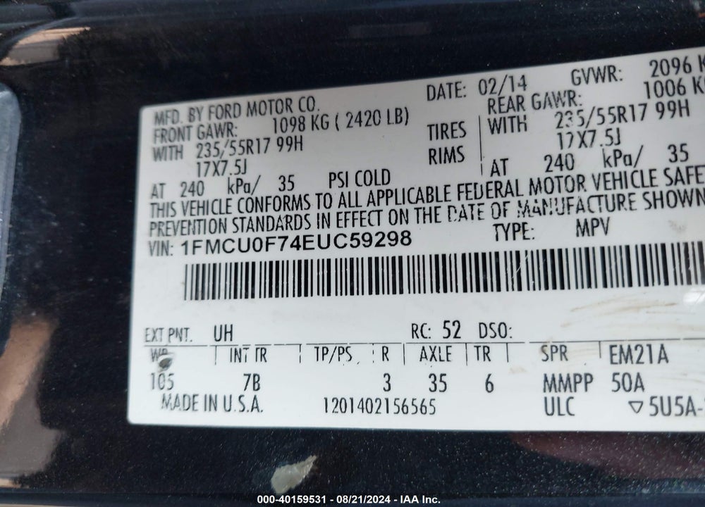 2014 FORD ESCAPE S VIN: 1FMCU0F74EUC59298