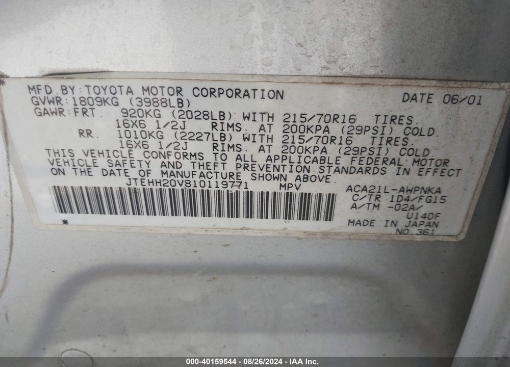 2001 TOYOTA RAV4 VIN: JTEHH20V810119771