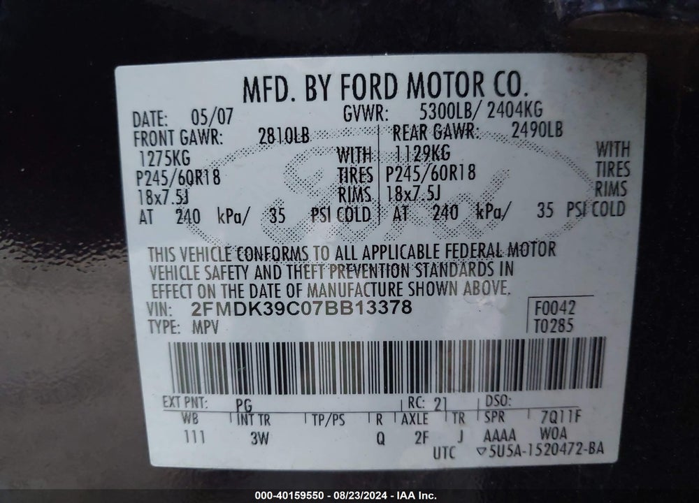 2007 FORD EDGE SEL PLUS VIN: 2FMDK39C07BB13378