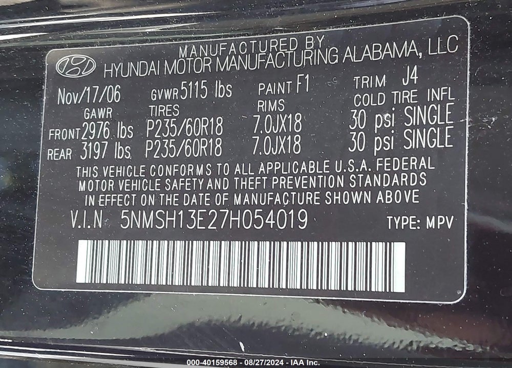 2007 HYUNDAI SANTA FE LIMITED/SE VIN: 5NMSH13E27H054019