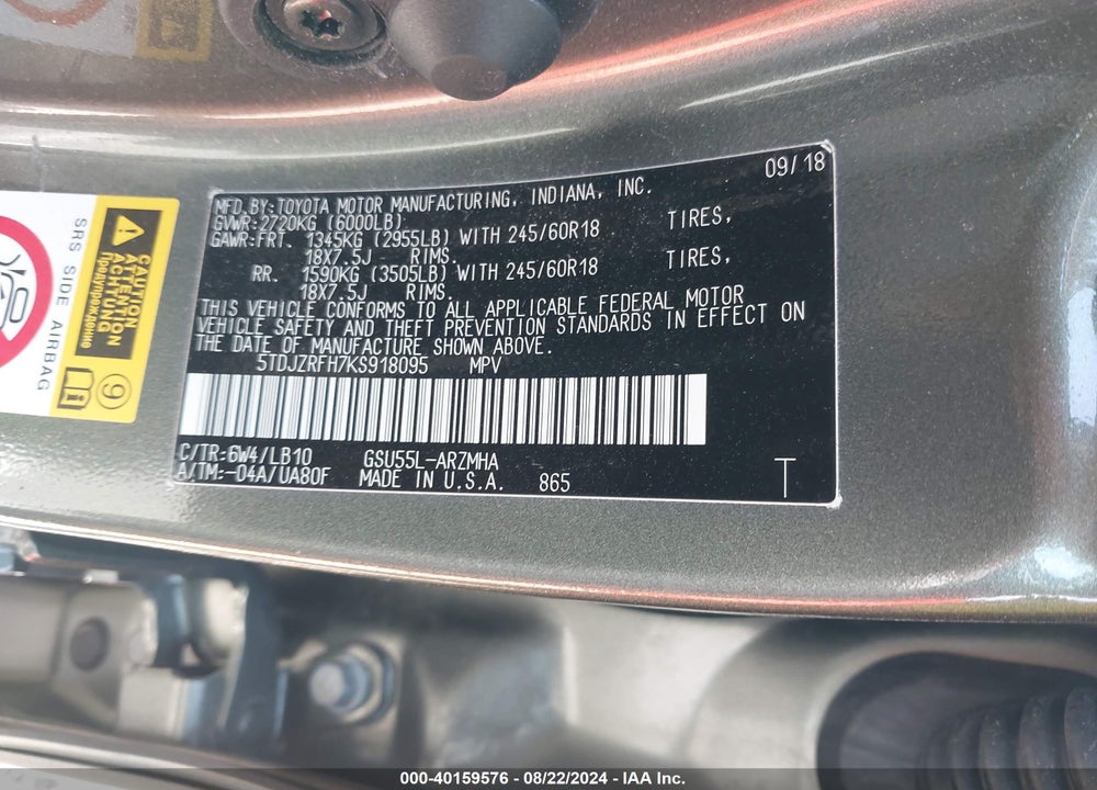 2019 TOYOTA HIGHLANDER XLE VIN: 5TDJZRFH7KS918095