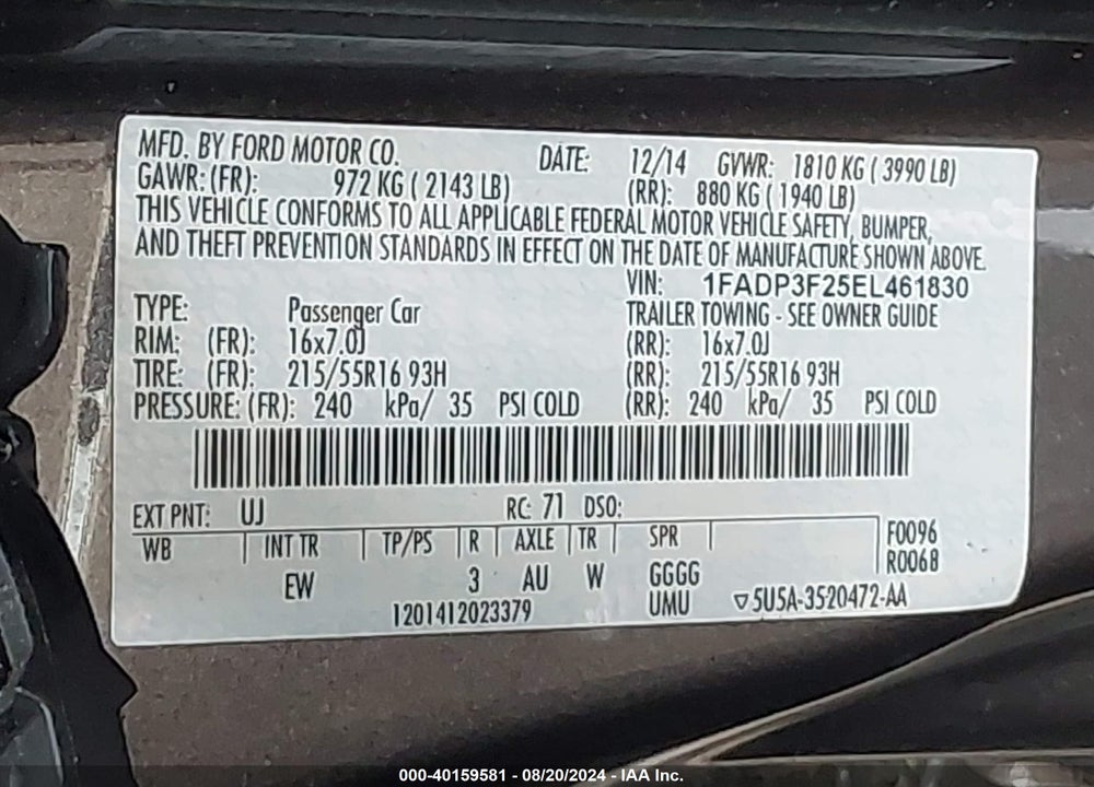 2014 FORD FOCUS SE VIN: 1FADP3F25EL461830