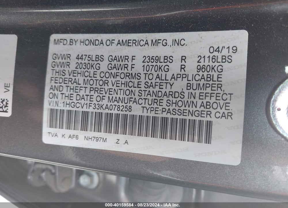 2019 HONDA ACCORD VIN: 1HGCV1F33KA078258