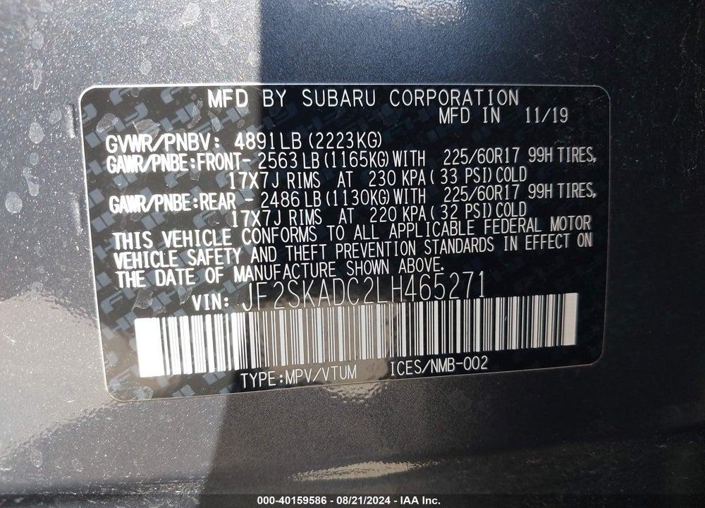 2020 SUBARU FORESTER VIN: JF2SKADC2LH465271