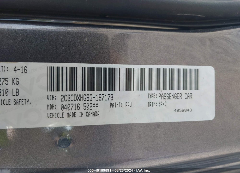 2016 DODGE CHARGER SXT VIN: 2C3CDXHG6GH197178