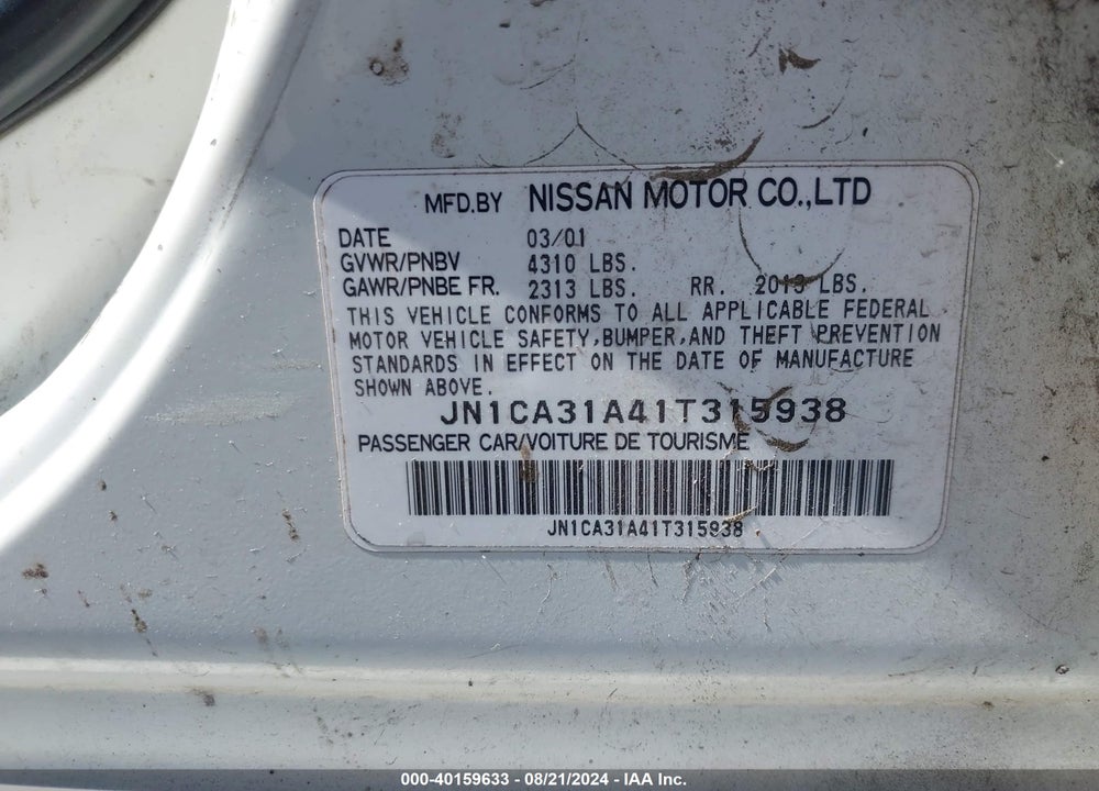 2001 NISSAN MAXIMA VIN: JN1CA31A41T315938