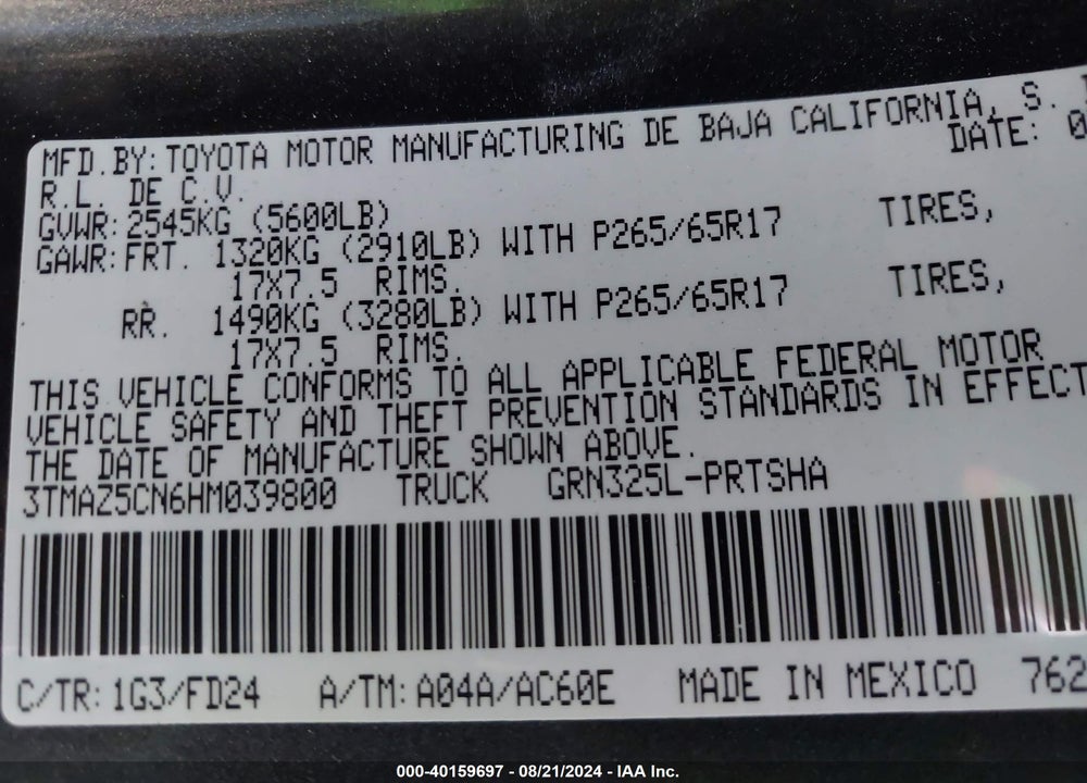 2017 TOYOTA TACOMA TRD SPORT VIN: 3TMAZ5CN6HM039800