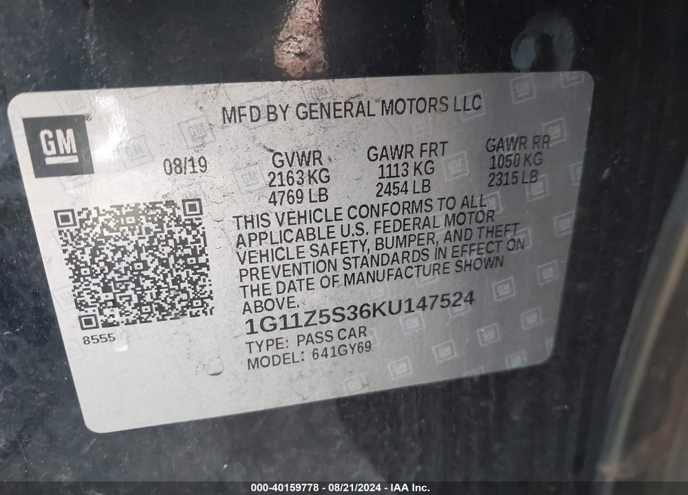 2019 CHEVROLET IMPALA LT VIN: 1G11Z5S36KU147524
