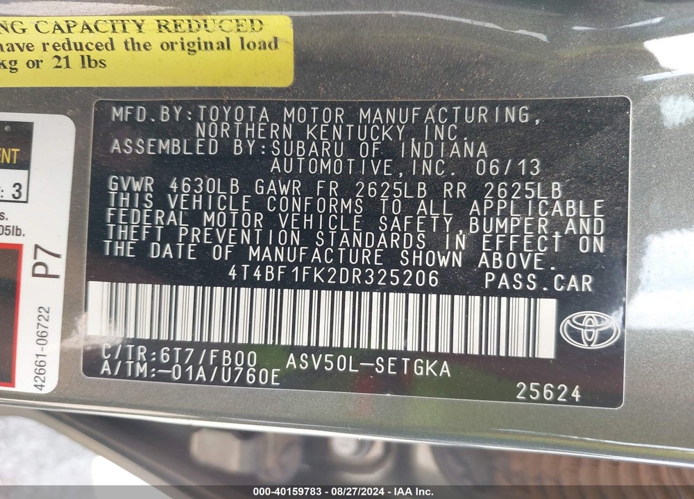 2013 TOYOTA CAMRY XLE VIN: 4T4BF1FK2DR325206