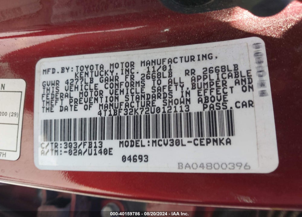 2002 TOYOTA CAMRY LE V6 VIN: 4T1BF32K72U012113