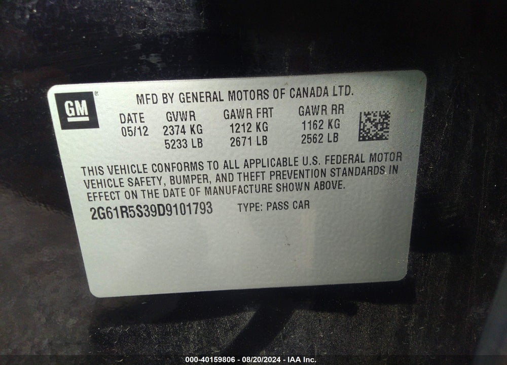2013 CADILLAC XTS LUXURY VIN: 2G61R5S39D9101793