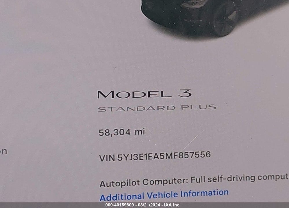 2021 TESLA MODEL 3 STANDARD RANGE PLUS REAR-WHEEL DRIVE VIN: 5YJ3E1EA5MF857556