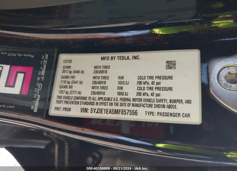 2021 TESLA MODEL 3 STANDARD RANGE PLUS REAR-WHEEL DRIVE VIN: 5YJ3E1EA5MF857556