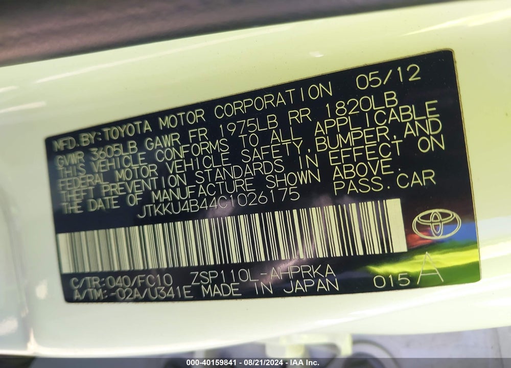 2012 SCION XD VIN: JTKKU4B44C1026175