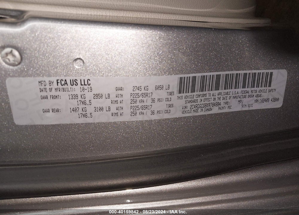 2019 DODGE GRAND CARAVAN SXT VIN: 2C4RDGCG6KR784884
