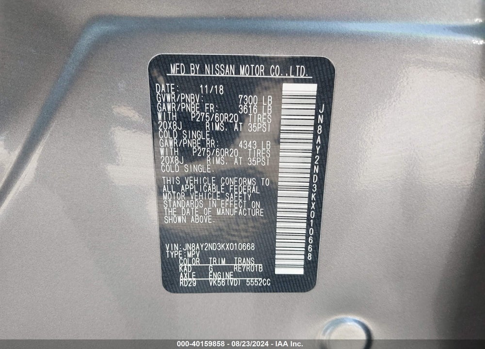2019 NISSAN ARMADA SL VIN: JN8AY2ND3KX010668