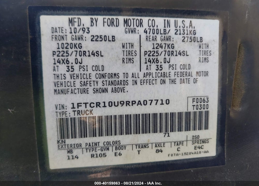 1994 FORD RANGER VIN: 1FTCR10U9RPA07710