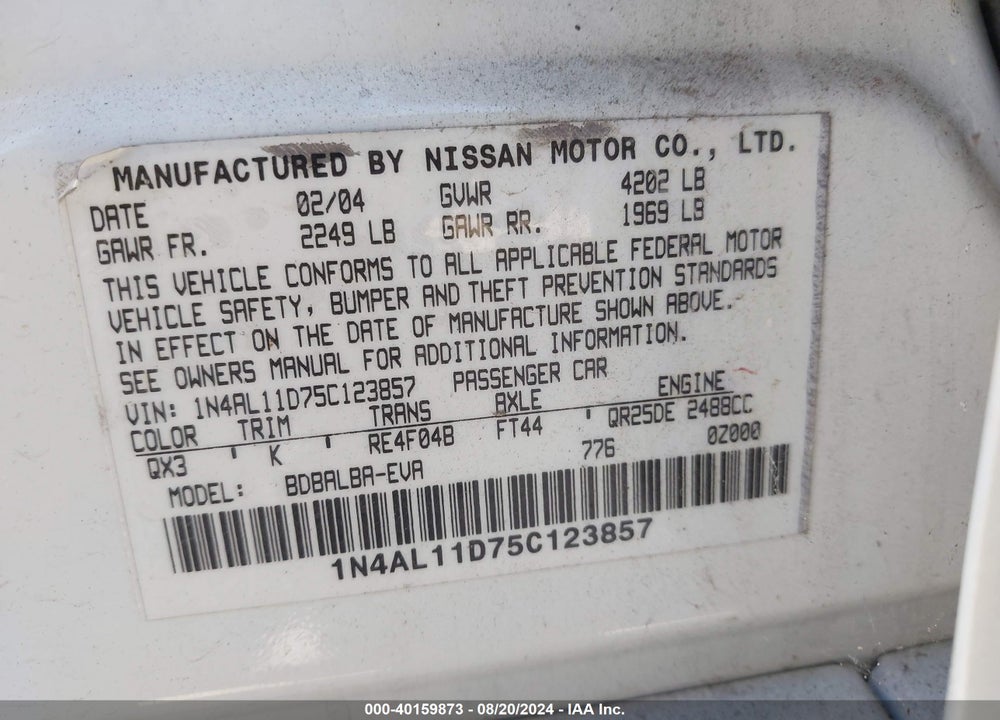 2005 NISSAN ALTIMA VIN: 1N4AL11D75C123857