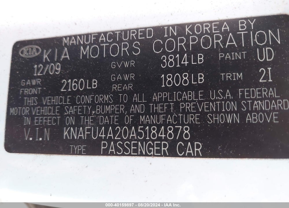 2010 KIA FORTE EX VIN: KNAFU4A20A5184878