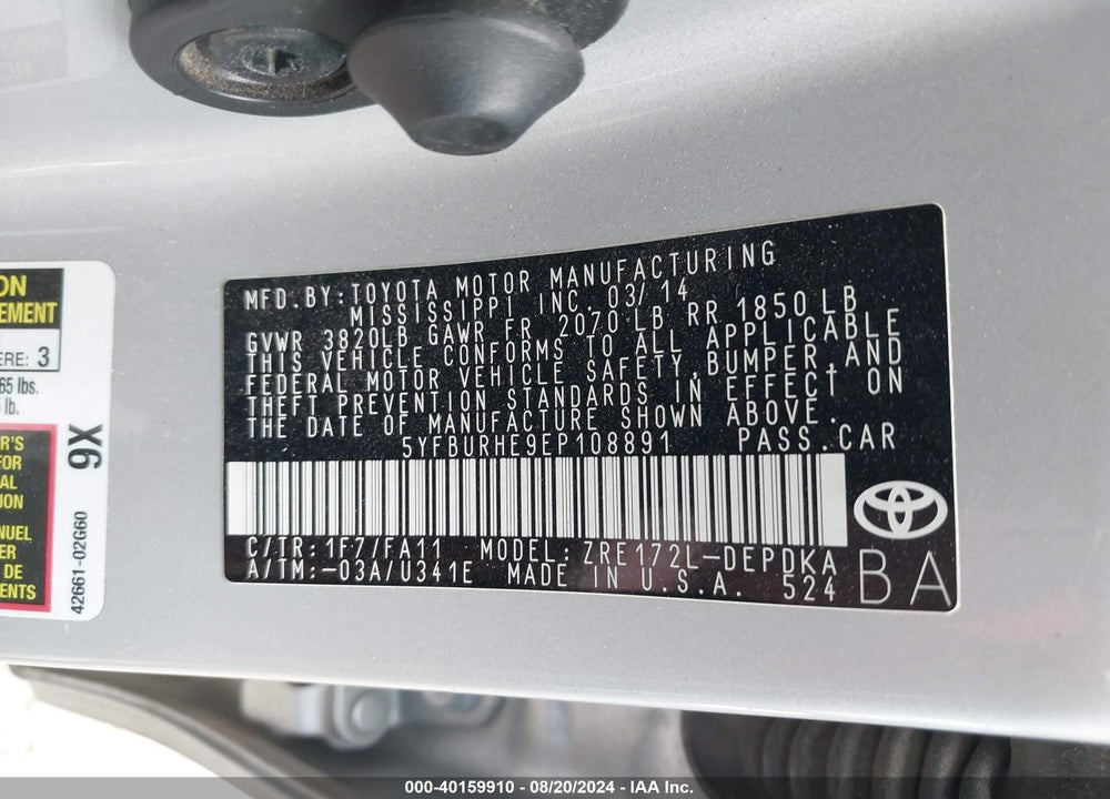2014 TOYOTA COROLLA L VIN: 5YFBURHE9EP108891