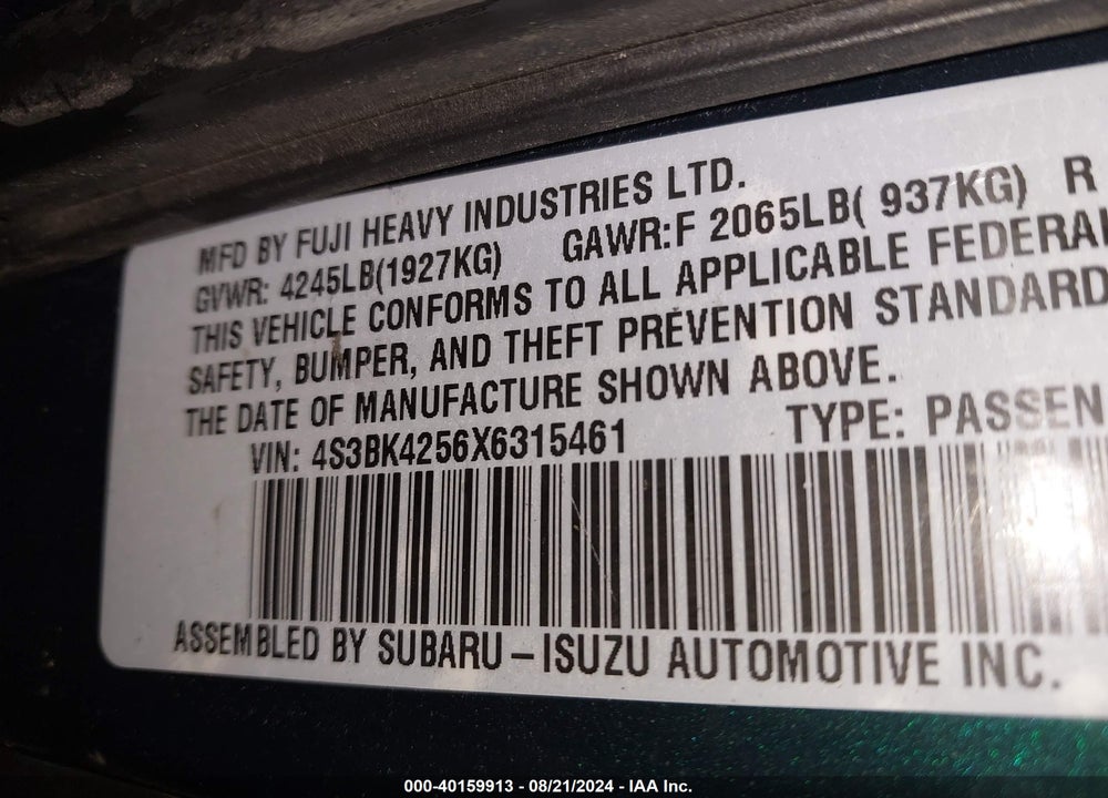 1999 SUBARU LEGACY BRIGHTON VIN: 4S3BK4256X6315461