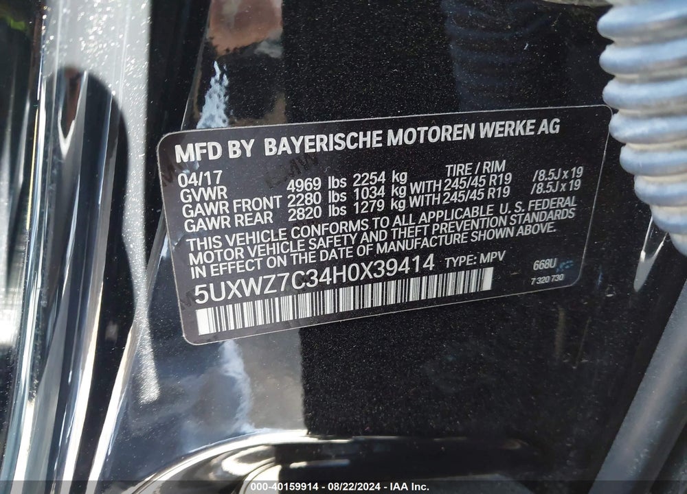 2017 BMW X3 SDRIVE28I VIN: 5UXWZ7C34H0X39414