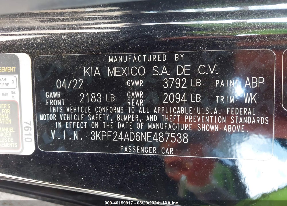 2022 KIA FORTE LXS VIN: 3KPF24AD6NE487538