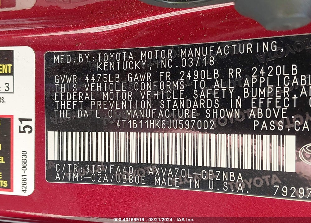 2018 TOYOTA CAMRY LE VIN: 4T1B11HK6JU597002