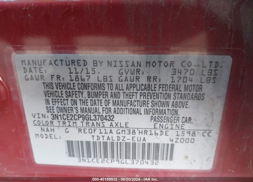 2016 NISSAN VERSA NOTE S (SR)/S PLUS/SL/SR/SV VIN: 3N1CE2CP9GL370432