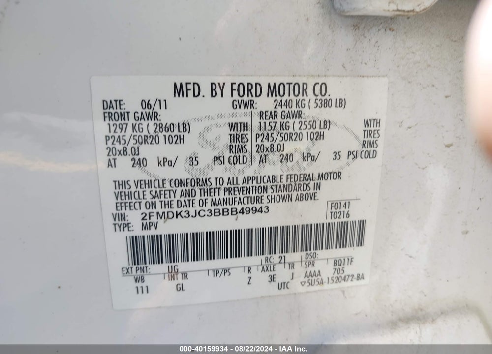 2011 FORD EDGE SEL VIN: 2FMDK3JC3BBB49943