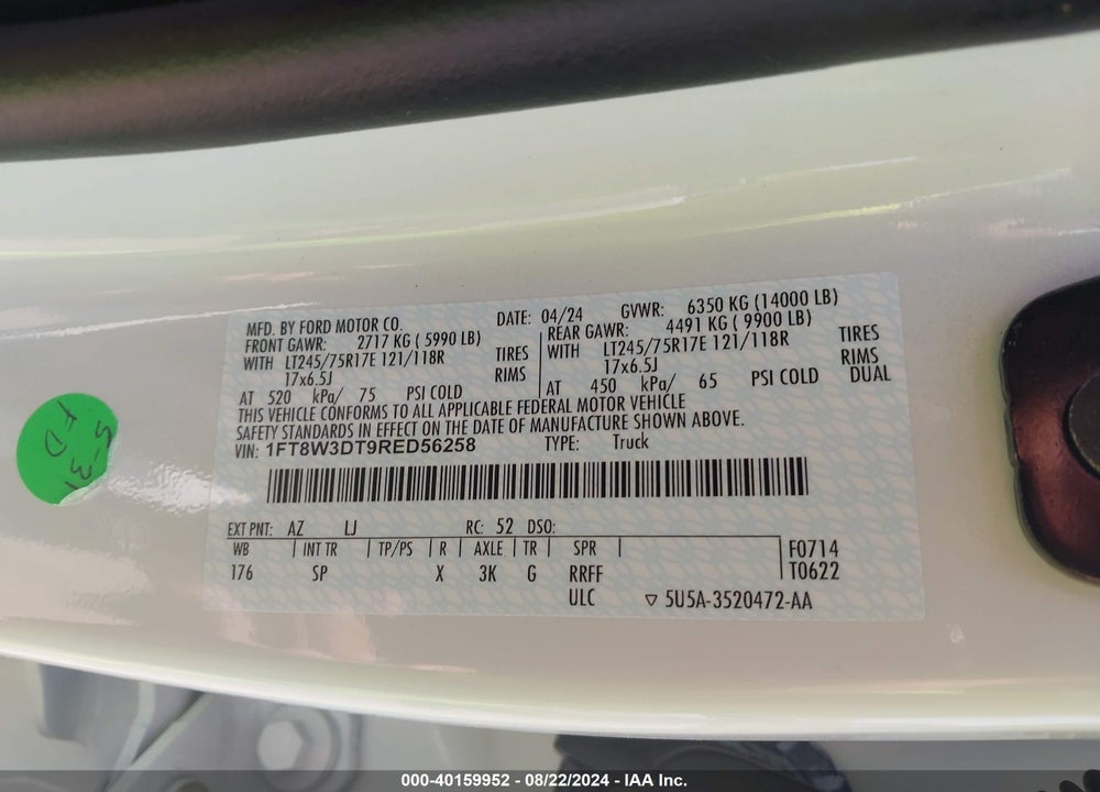 2024 FORD F-350 KING RANCH VIN: 1FT8W3DT9RED56258