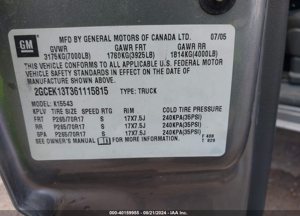2006 CHEVROLET SILVERADO 1500 LT3 VIN: 2GCEK13T361115815