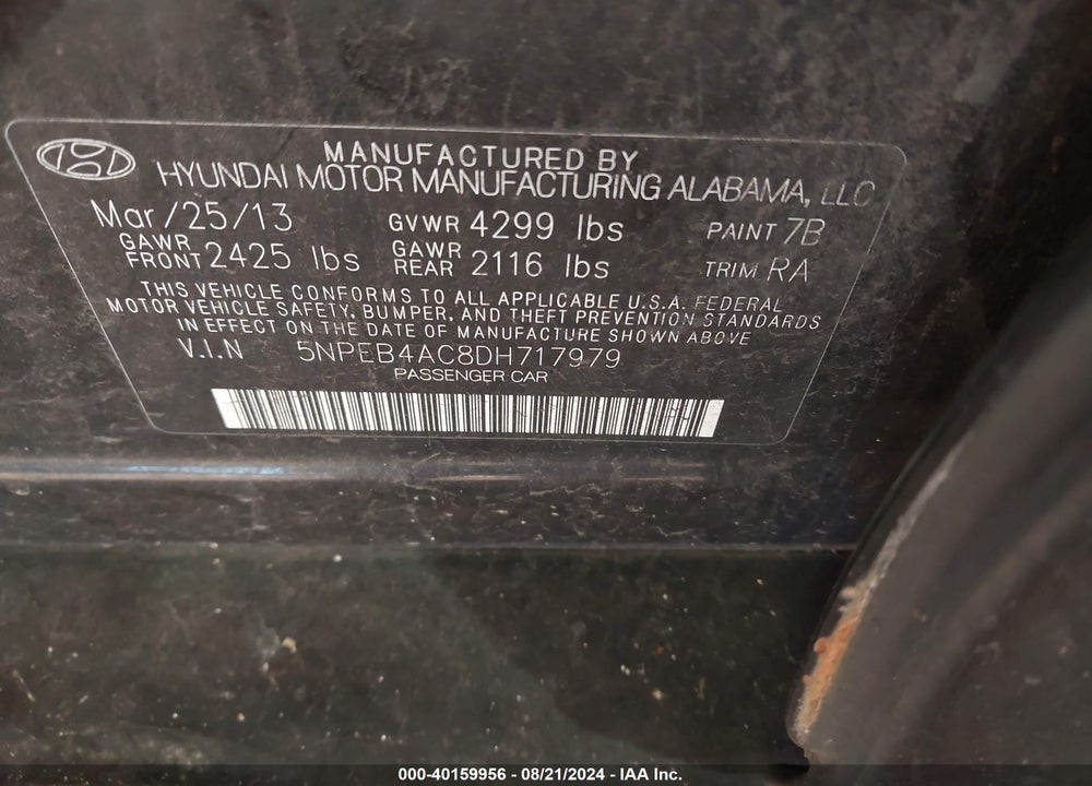 2013 HYUNDAI SONATA GLS VIN: 5NPEB4AC8DH717979