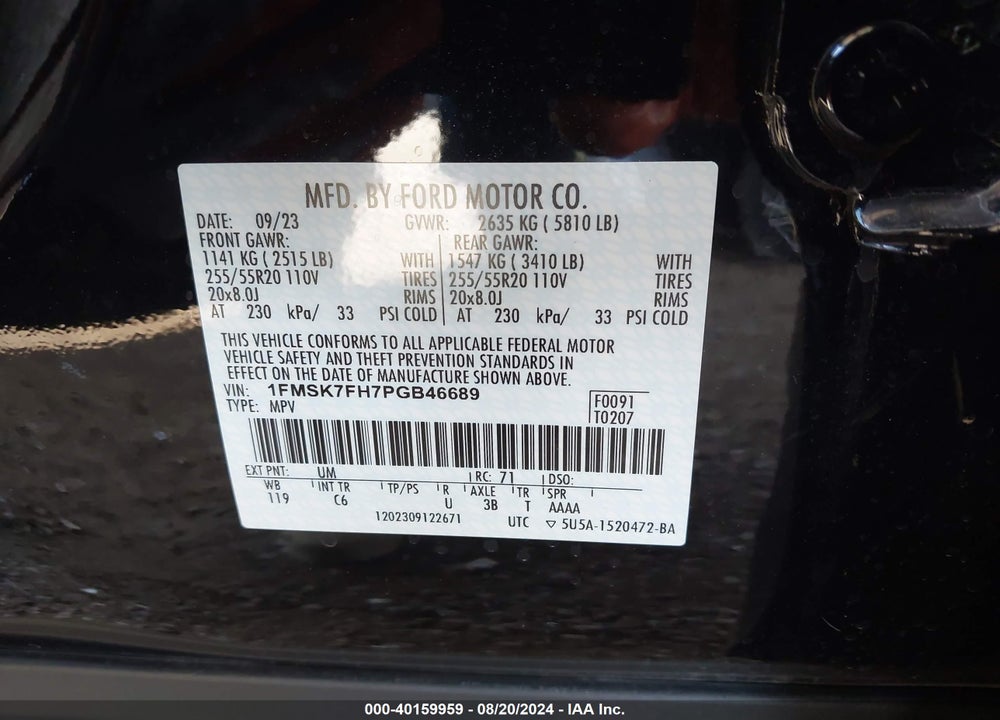 2023 FORD EXPLORER LIMITED VIN: 1FMSK7FH7PGB46689