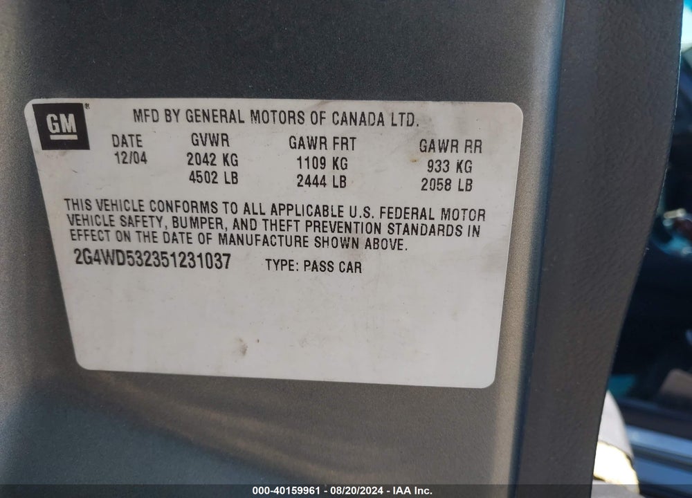 2005 BUICK LACROSSE CXL VIN: 2G4WD532351231037