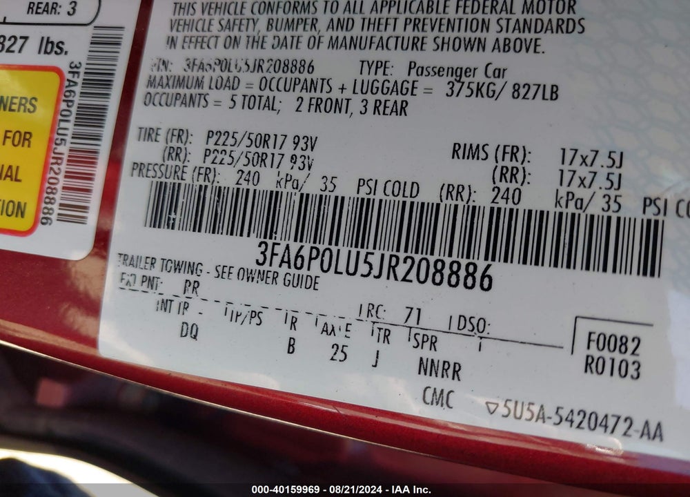 2018 FORD FUSION HYBRID SE VIN: 3FA6P0LU5JR208886