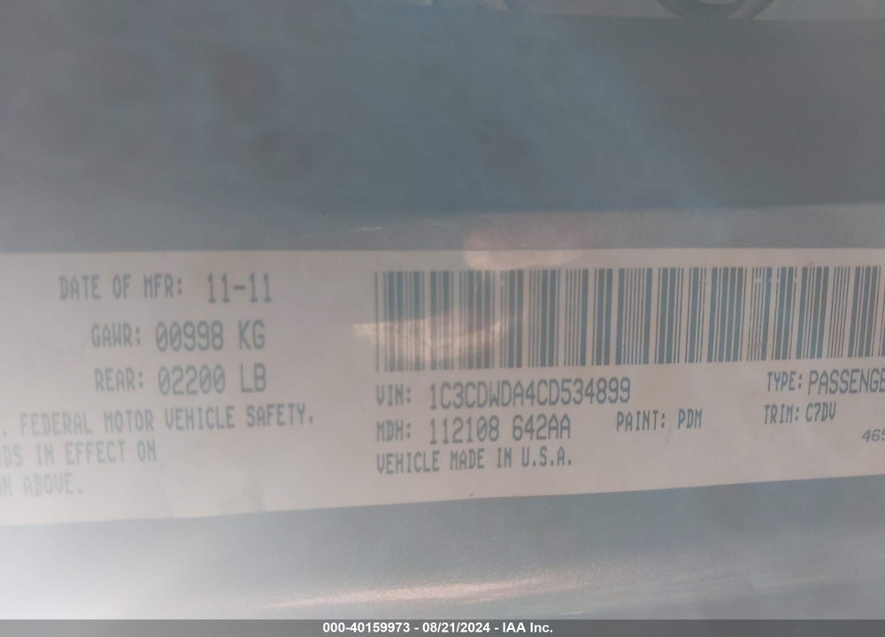 2012 DODGE CALIBER SXT VIN: 1C3CDWDA4CD534899