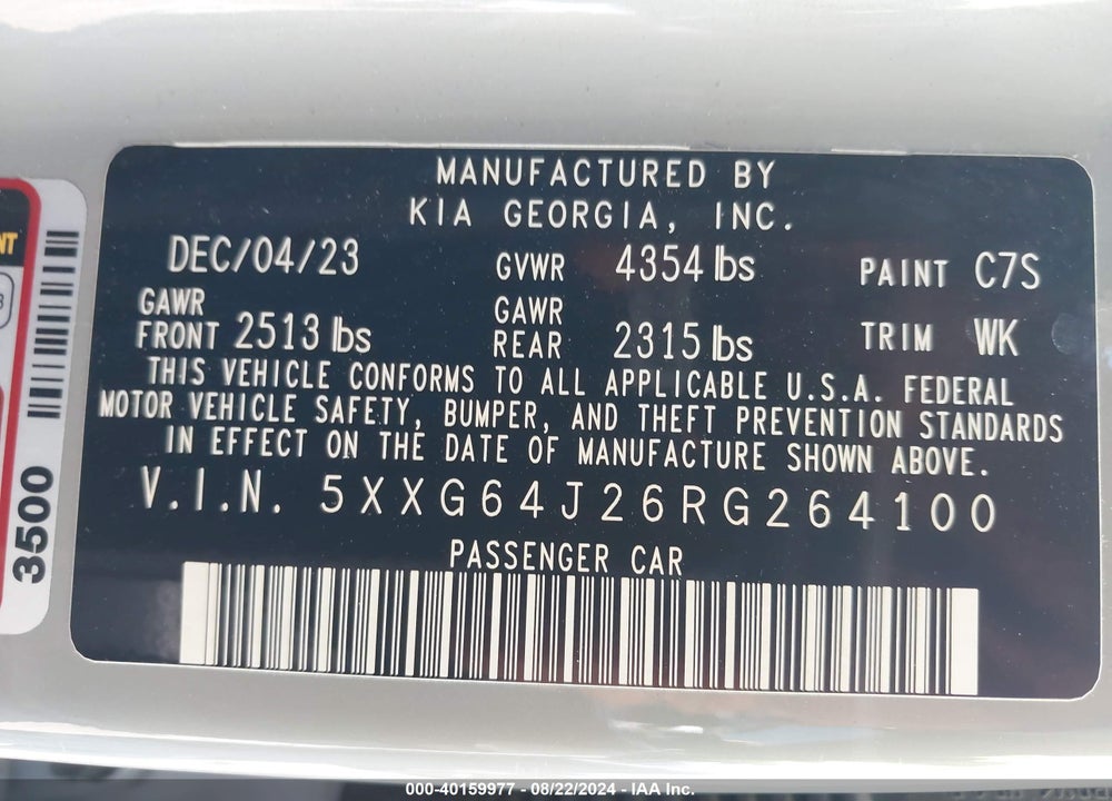 2024 KIA K5 GT LINE VIN: 5XXG64J26RG264100
