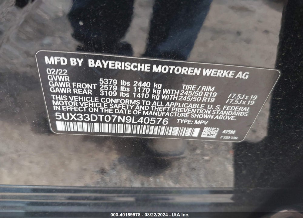 2022 BMW X4 XDRIVE30I VIN: 5UX33DT07N9L40576