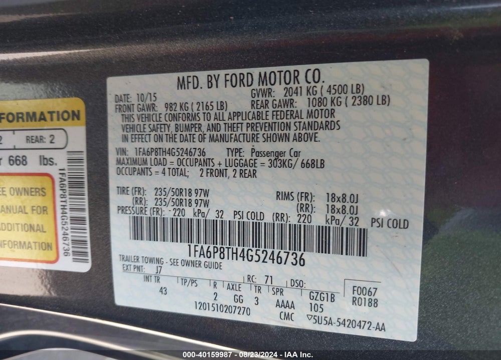 2016 FORD MUSTANG ECOBOOST VIN: 1FA6P8TH4G5246736