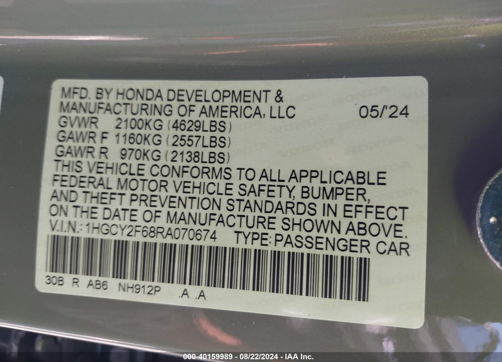 2024 HONDA ACCORD HYBRID EX-L VIN: 1HGCY2F68RA070674