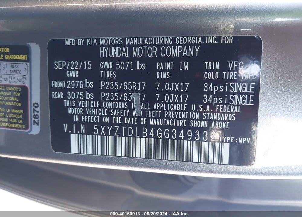 2016 HYUNDAI SANTA FE SPORT 2.4L VIN: 5XYZTDLB4GG349332